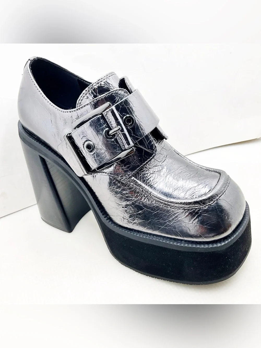 {MICHAEL Michael Kors} Colby Crackled Gunmetal Metallic Leather Platforms